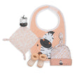 Baby Geschenkset Zebra in Apricot – Lätzchen, Schnuffeltuch, Mütze und Socken mit süßem Zebra-Motiv, ideal als Geschenk zur Geburt.