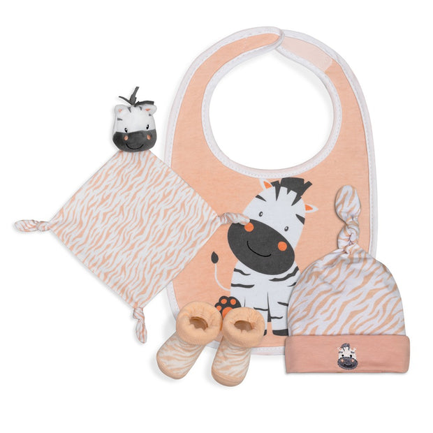 Baby Geschenkset Zebra in Apricot – Lätzchen, Schnuffeltuch, Mütze und Socken mit süßem Zebra-Motiv, ideal als Geschenk zur Geburt.