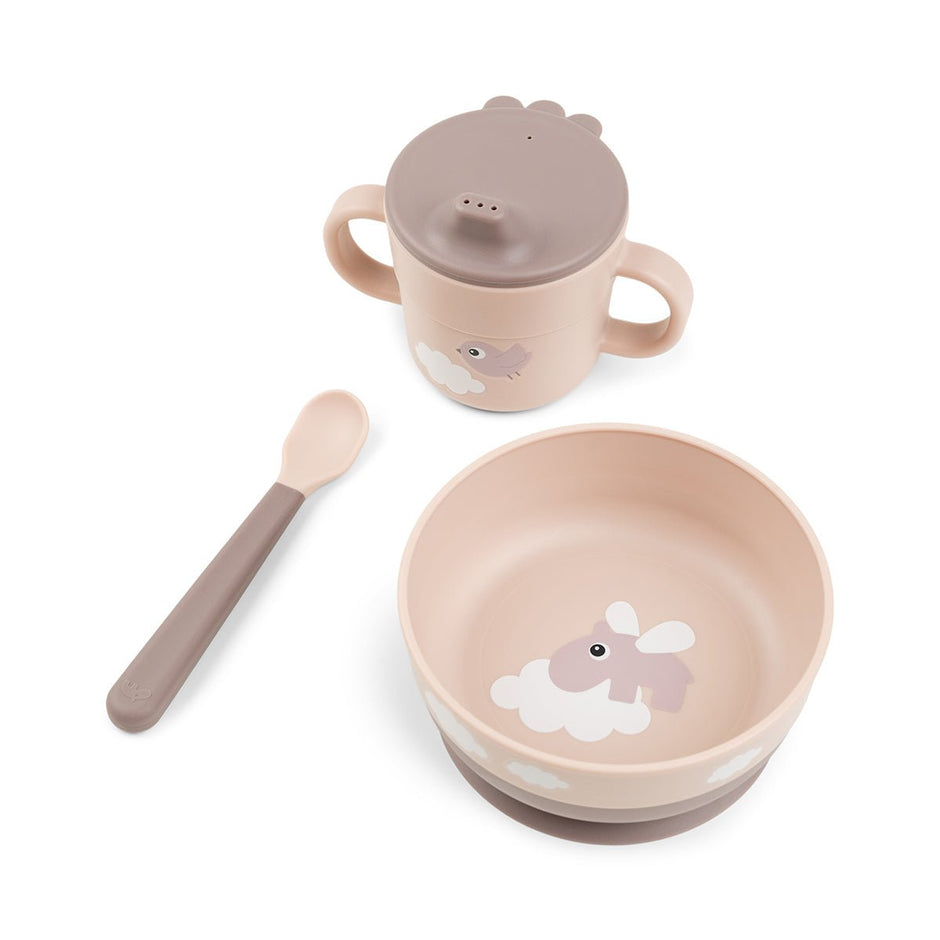Baby Geschirrset 3-teilig in Rosa und Beige – Schüssel, Löffel und Trinkbecher mit Tiermotiv