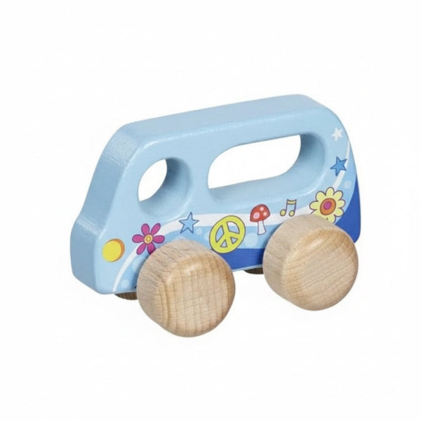 Blaues Holz-Greiffahrzeug für Babys, handliches Babyauto aus Massivholz mit Blumen- und Peace-Motiven, spielerisches Motorikspielzeug ab 1 Jahr – BabyLions®