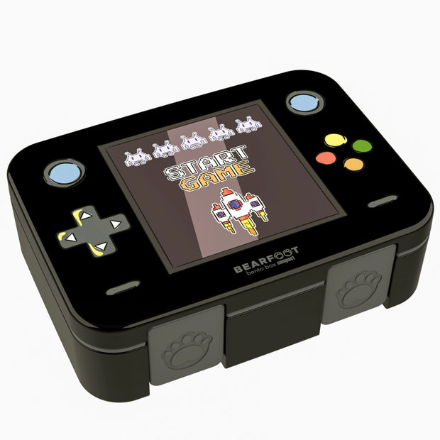 Schwarze Kinder Brotdose im Game-Design mit Retro-Spielkonsole Motiv, BPA-freie Bento Lunchbox mit Fächern für Kindergarten, Schule und unterwegs