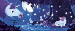 Einhorn-Kinderbuch-Illustration mit Einhörnern und kleinen Hasen in einer magischen nächtlichen Waldlandschaft mit leuchtenden Sternen