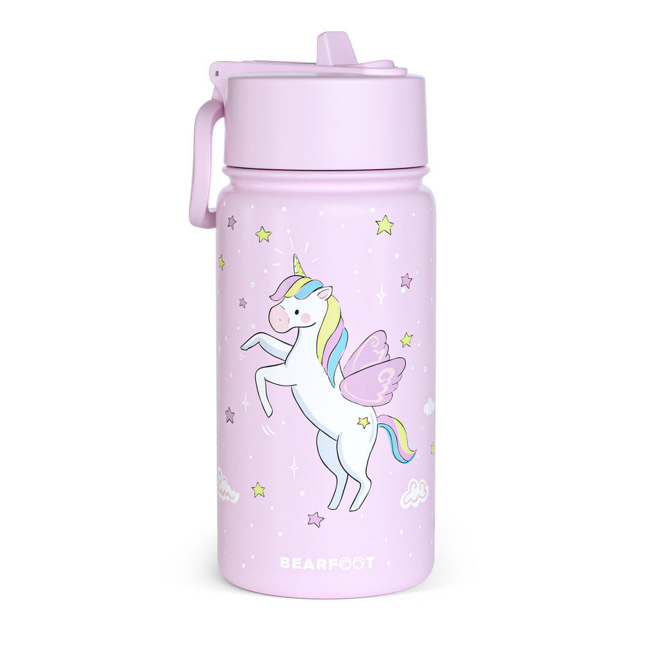 Thermo Kinder Trinkflasche aus Edelstahl 400 ml rosa mit Einhorn Motiv, BPA-frei, auslaufsicher, mit Strohhalm – ideal für Kindergarten, Schule und unterwegs