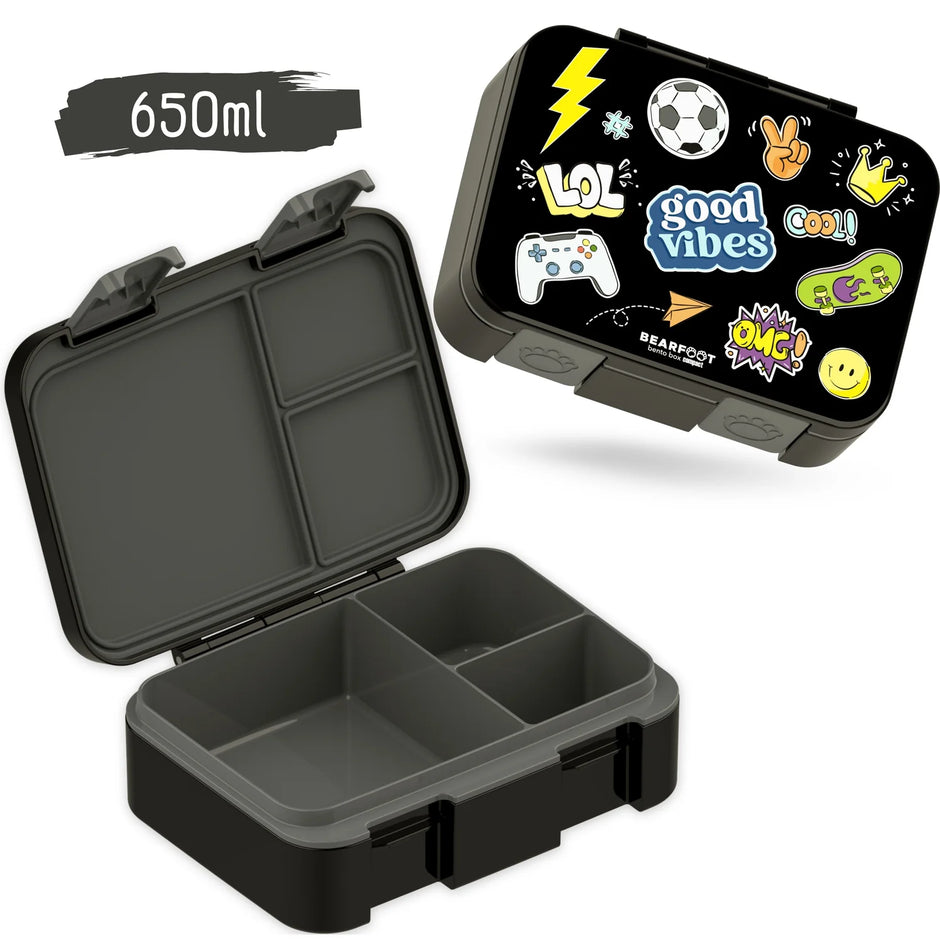 Kinder Brotbox 650 ml schwarz mit Fächern – auslaufsichere Lunchbox im Sticker-Design geöffnet und geschlossen