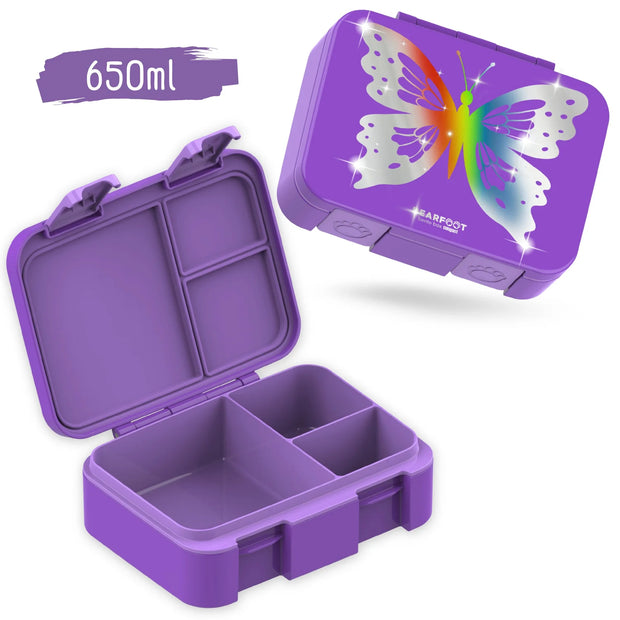 Kinder Brotdose Schmetterling GLOW 650 ml lila mit 3 Fächern auslaufsicher BPA-frei Lunchbox für Kita Kindergarten Schule