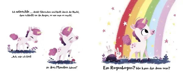 Kinderbuch-Illustration mit niedlichen Einhörnern, Regenbogen und bunter Fantasiewelt – liebevolle Szene aus einer Einhorn-Geschichte für Kinder