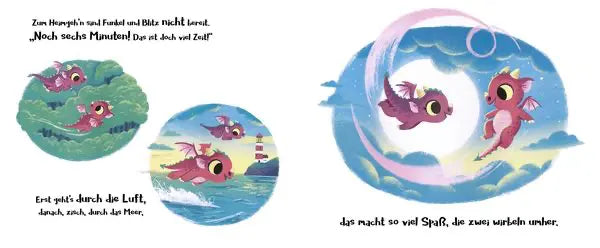 Liebevolle Kinderbuch-Illustration mit zwei kleinen bunten Drachen, die über dem Meer fliegen und gemeinsam die Welt entdecken