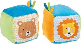 Kleiner Baby Stoffwürfel mit Bär- und Löwenmotiv – weiches Motorikspielzeug mit bunten Farben für Babys ab 0+ Monaten.