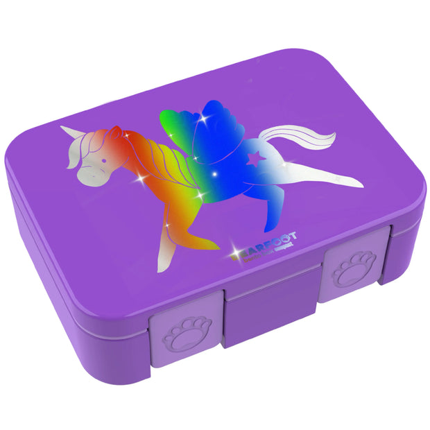Brotdose Einhorn lila für Kinder mit schimmerndem Regenbogen-Einhorn Motiv, BPA-freie Lunchbox mit Fächern für Kindergarten und Schule