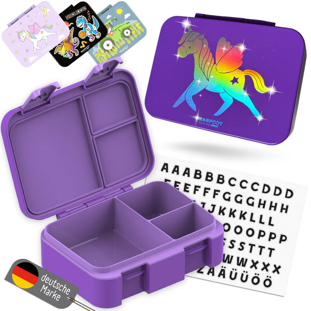 Lila Einhorn Brotdose für Kinder mit Regenbogen-Einhorn Motiv, Bento Lunchbox mit 3 Fächern, austauschbaren Deckelmotiven und Buchstaben-Stickern für Kindergarten und Schule