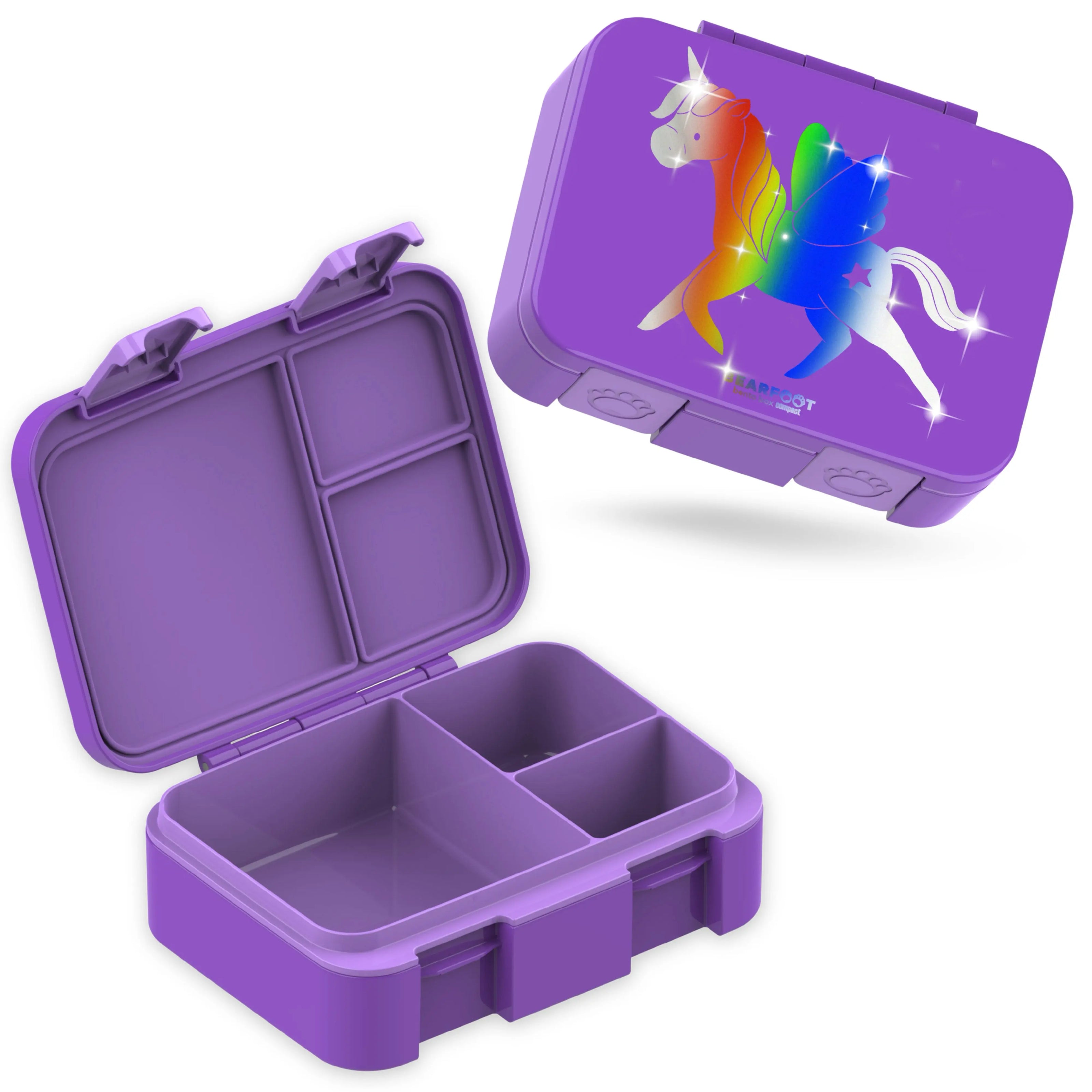 Lila Einhorn Brotdose für Kinder geöffnet mit 3 Fächern und geschlossenem Deckel mit Regenbogen-Einhorn Motiv, BPA-freie Bento Lunchbox für Kindergarten und Schule