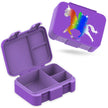 Lila Einhorn Brotdose für Kinder geöffnet mit 3 Fächern und geschlossenem Deckel mit Regenbogen-Einhorn Motiv, BPA-freie Bento Lunchbox für Kindergarten und Schule