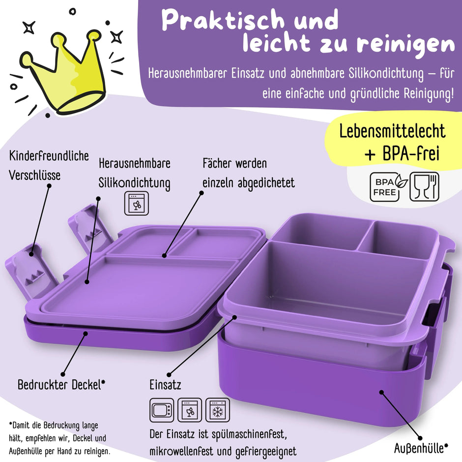 Lila Kinder Brotdose mit herausnehmbarem Einsatz, Silikondichtung und 3 auslaufsicheren Fächern, BPA-freie Bento Lunchbox für Kindergarten und Schule