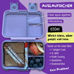 Lila Kinder Brotdose mit 3 auslaufsicheren Fächern, 650 ml Fassungsvermögen und Silikondichtung, gefüllt mit Pausenbrot, Obst und Snacks für Kindergarten und Schule