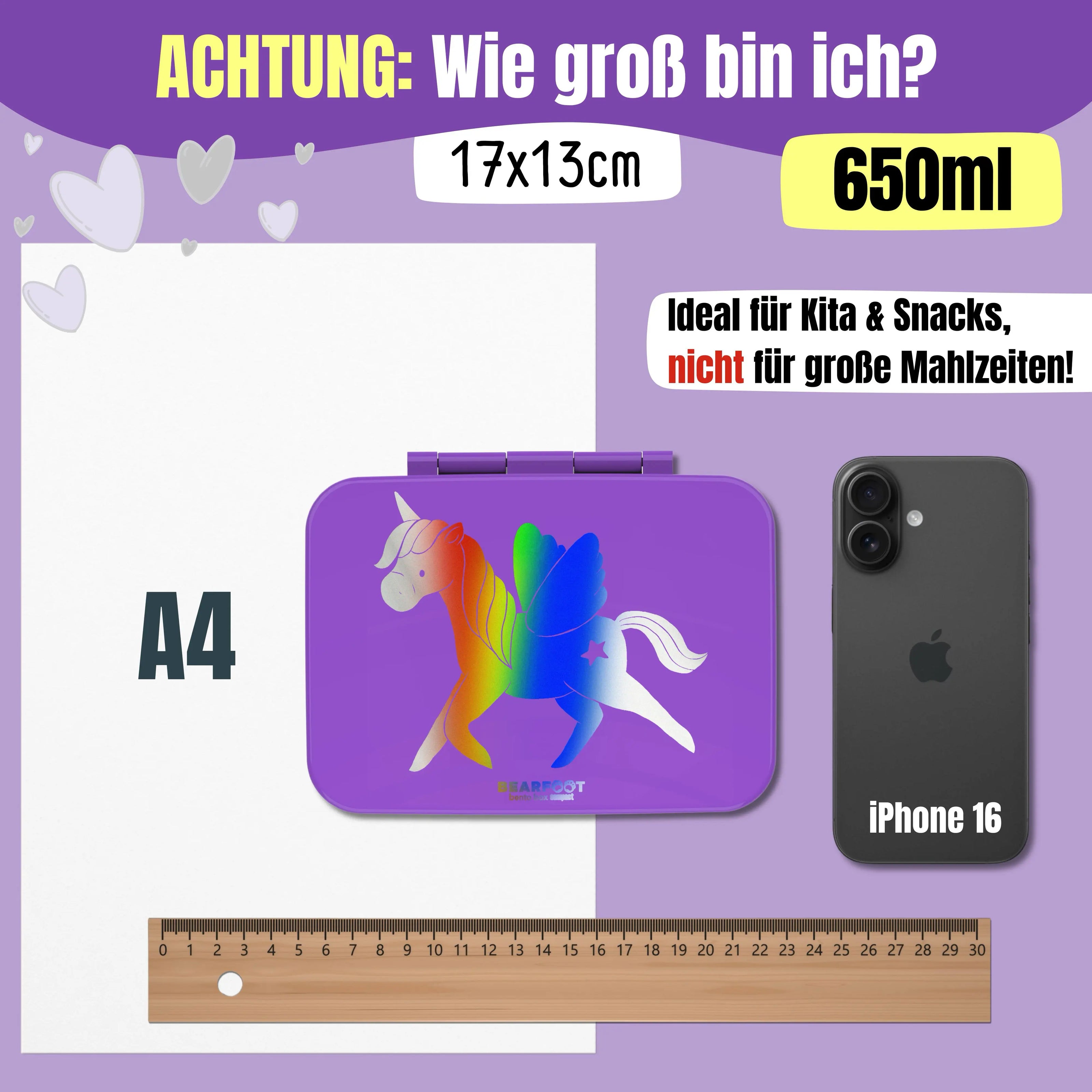 Lila Einhorn Brotdose für Kinder mit 650 ml Fassungsvermögen und Maßen 17 × 13 cm, kompakte BPA-freie Bento Lunchbox im Größenvergleich für Kindergarten und Schule
