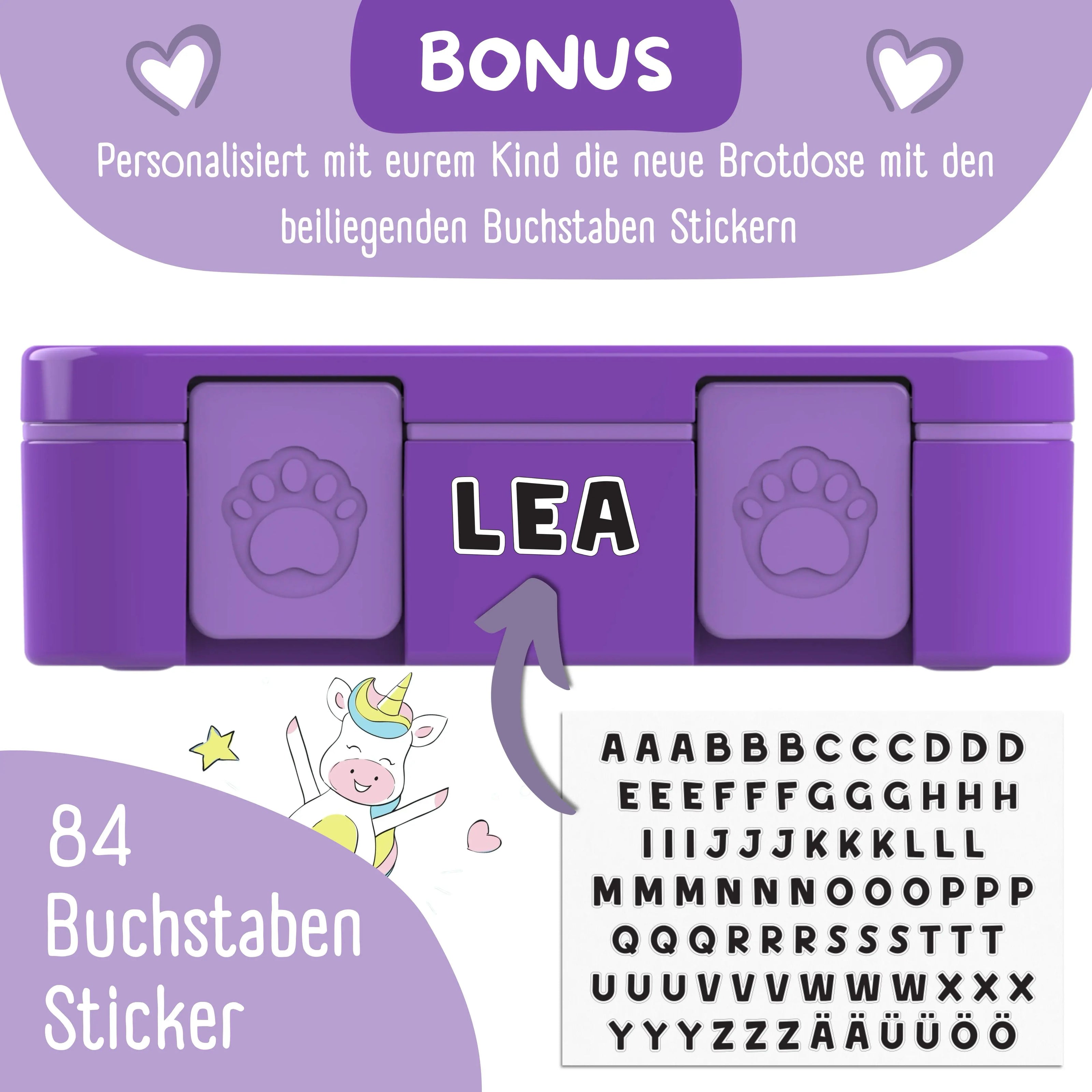 Lila Kinder Brotdose mit personalisierbaren Buchstaben-Stickern, 84 Alphabet-Sticker zur individuellen Namensgestaltung für Kindergarten und Schule