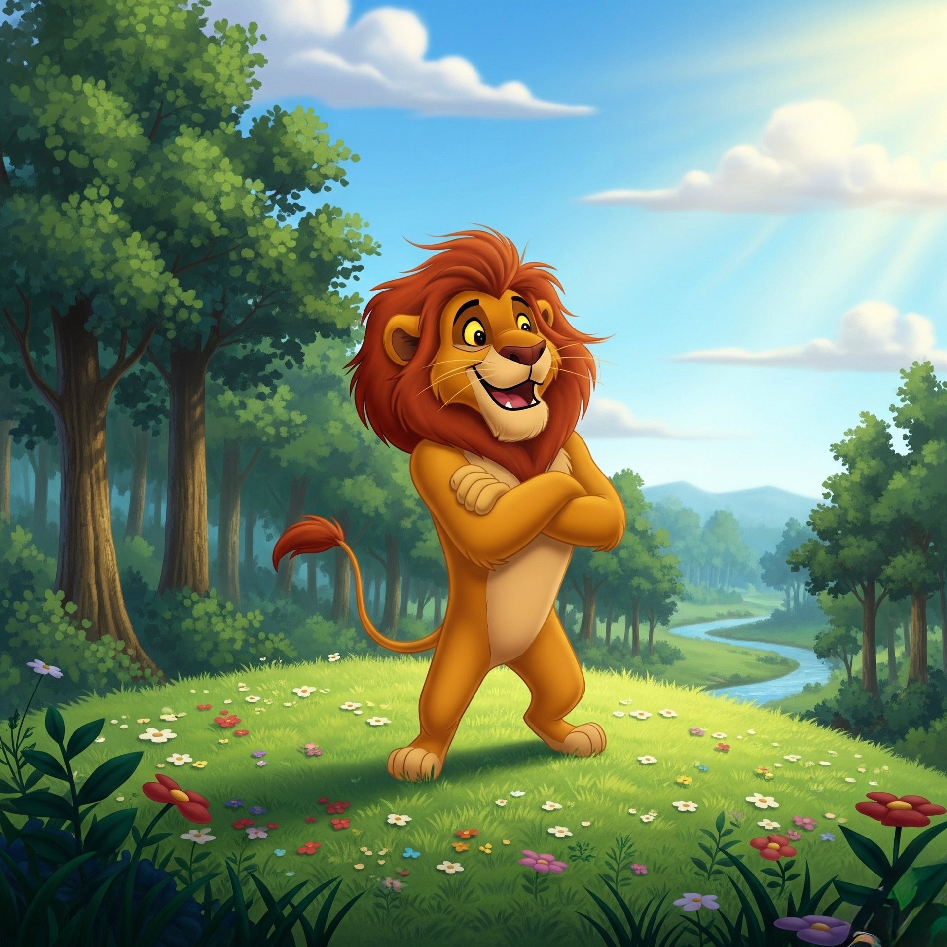 Illustration eines lächelnden Löwen auf einer grünen Wiese mit Wald und Sonnenstrahlen – Symbol für BabyLions und nachhaltiges Engagement.