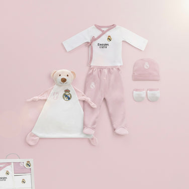 Real Madrid Baby Geschenk-Set 5-teilig in Rosa mit Schmusetuch – offizielle Baby-Erstausstattung zur Geburt
