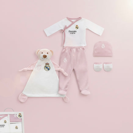 Real Madrid Baby Geschenk-Set 5-teilig in Rosa mit Schmusetuch – offizielle Baby-Erstausstattung zur Geburt