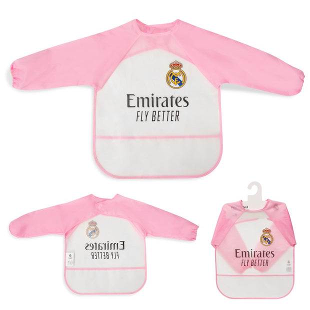 Real Madrid Baby Lätzchen mit Ärmeln in Rosa, wasserdichtes Kinder-Esslätzchen mit Logo, langärmelig für Babys ab 6 Monate