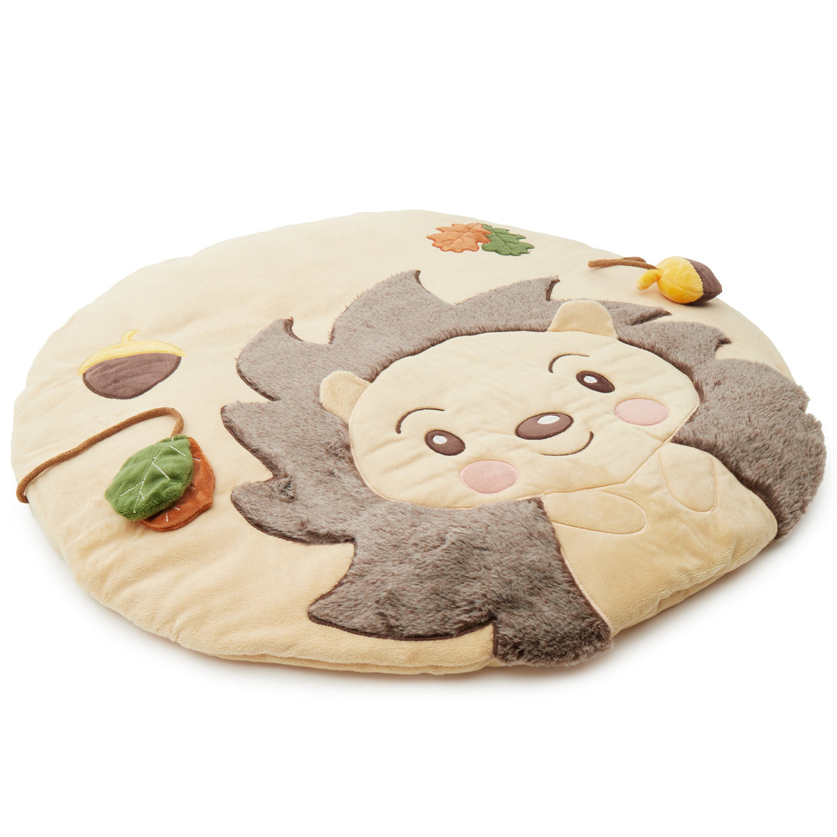 Runde Baby Spieldecke Igel von Piksi in Seitenansicht mit weichen Applikationen aus Blättern und Eicheln – kuschelige Krabbeldecke für Babys ab Geburt zum Spielen, Liegen, Entdecken und zur Förderung der Sinnesentwicklung.
