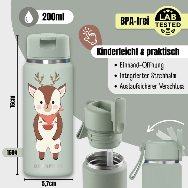 BEARFOOT TINY Thermo Kinder Trinkflasche Reh 200 ml – Produktübersicht mit Maßen, BPA-freiem Edelstahl, Einhand-Öffnung, integriertem Strohhalm und auslaufsicherem Verschluss