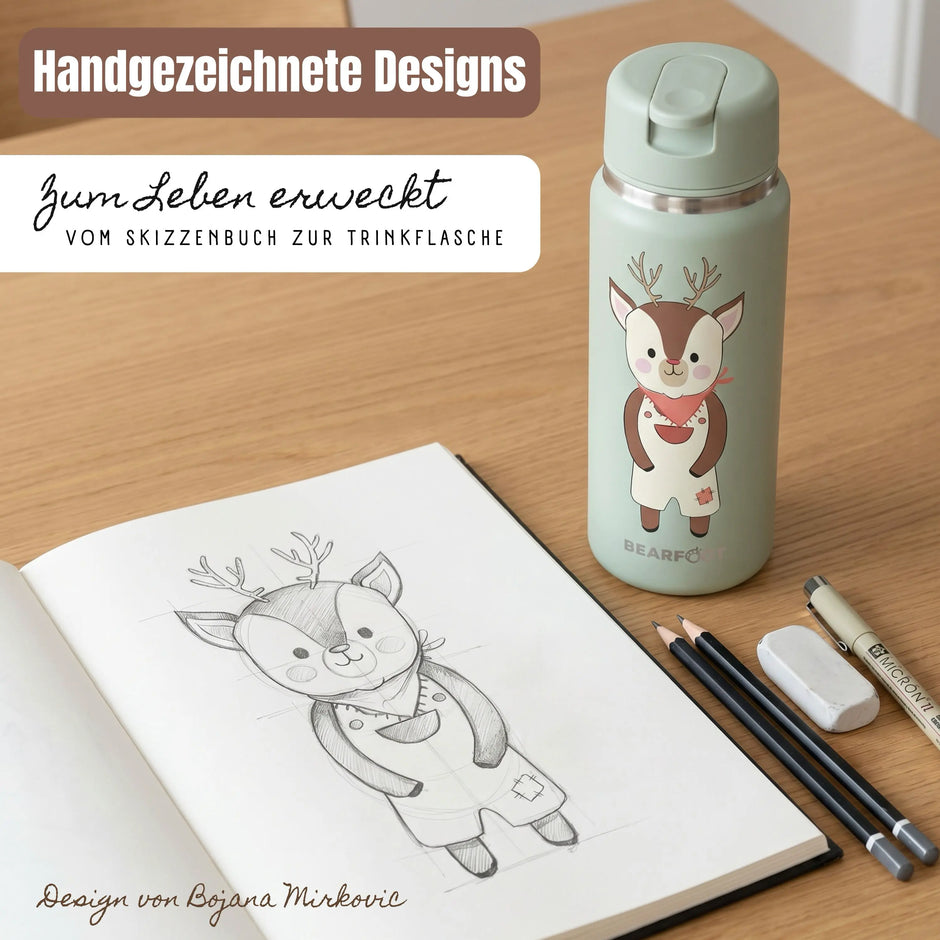 BEARFOOT TINY Thermo Kinder Trinkflasche Reh mit handgezeichnetem Design – vom Skizzenbuch zur Edelstahl-Trinkflasche für Kinder, BPA-frei und auslaufsicher