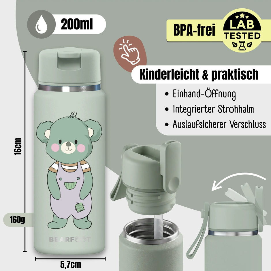 TINY Thermo Kinder Trinkflasche Koala 200 ml aus Edelstahl mit integriertem Strohhalm, Einhand-Öffnung, auslaufsicherem BPA-freiem Verschluss und Thermofunktion – Kinder Trinkflasche in Salbeigrün