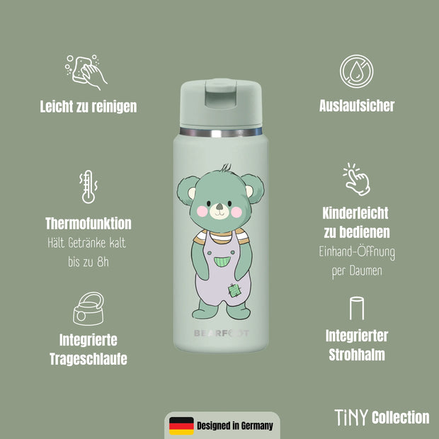 TINY Thermo Kinder Trinkflasche Koala 200 ml – BPA-freie Edelstahl-Isolierflasche mit Thermofunktion, integriertem Strohhalm, Trageschlaufe und auslaufsicherem Verschluss