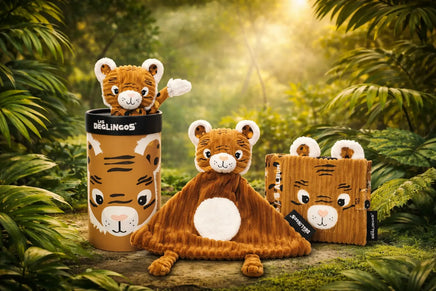 Baby Geschenkset Tiger mit Kuscheltier, Schmusetuch und Fotoalbum im Dschungel-Design