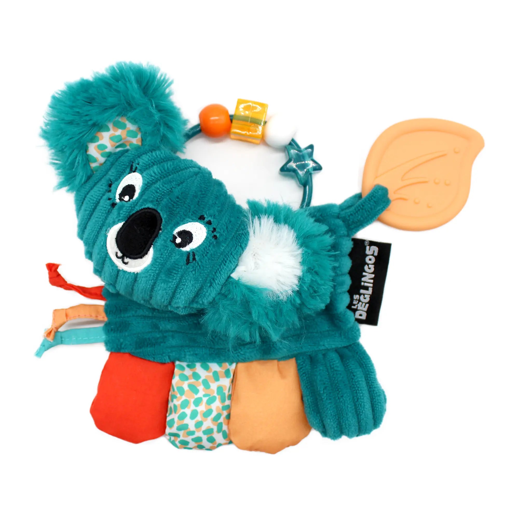 Türkise Koala Activity Rassel mit Beißring und verschiedenen Stoffelementen für Babys