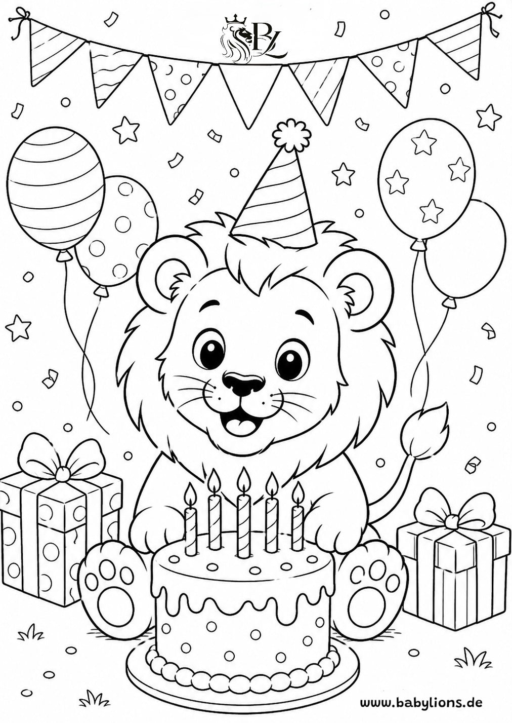 Kostenlose Malvorlage mit einem fröhlichen Löwen auf einer Geburtstagsparty mit Torte, Luftballons und Geschenken