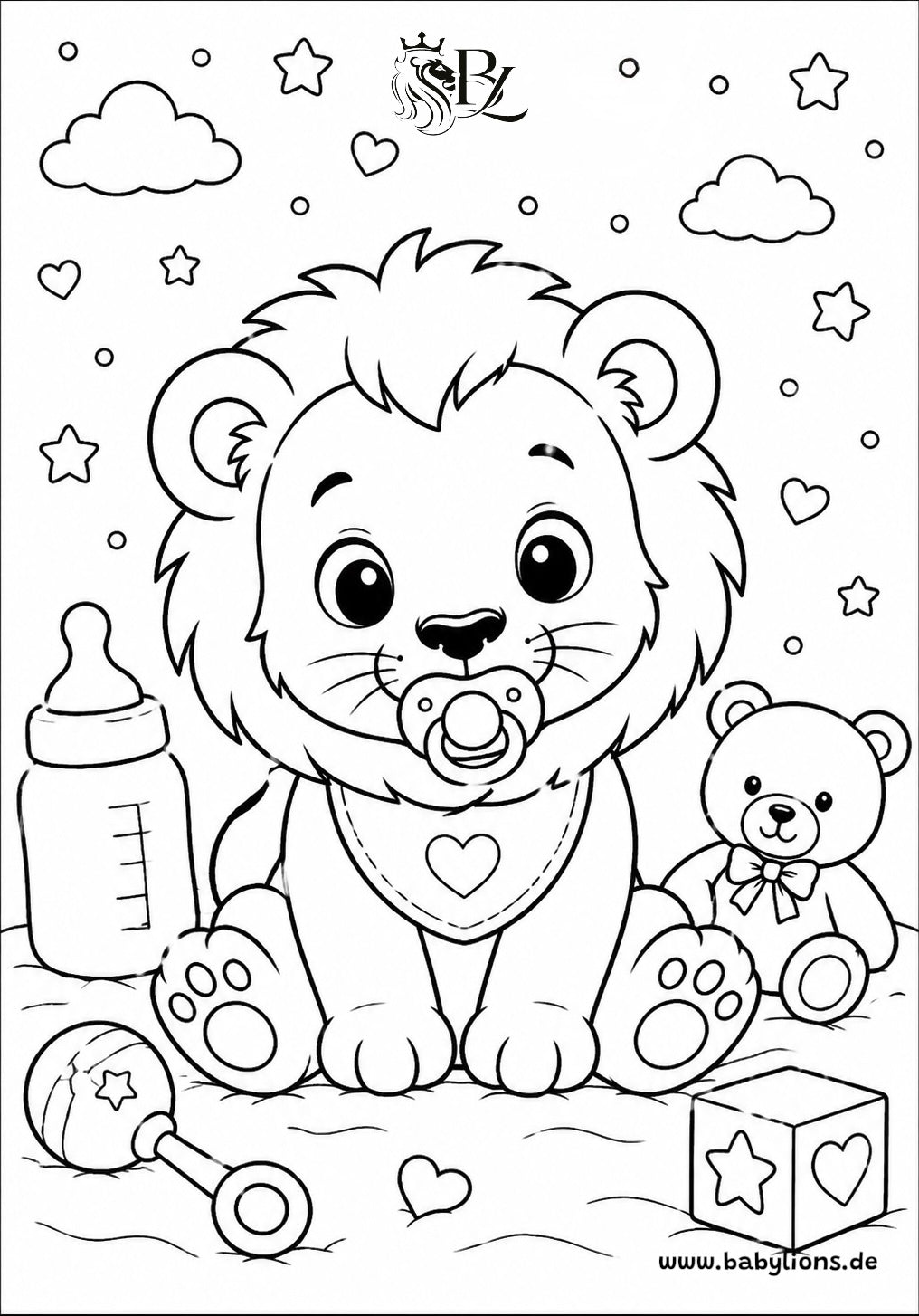 Kostenlose Malvorlage mit einem niedlichen Löwenbaby mit Schnuller, Teddybär und Babyspielzeug für Kinder