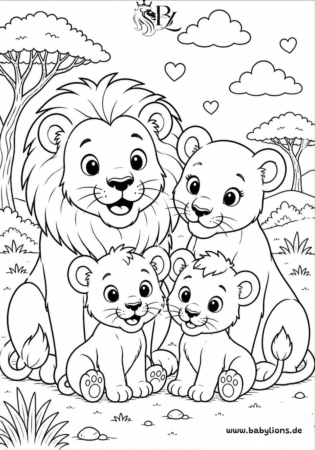 Kostenlose Malvorlage mit einer niedlichen Löwenfamilie aus zwei erwachsenen Löwen und zwei Löwenbabys in der Natur