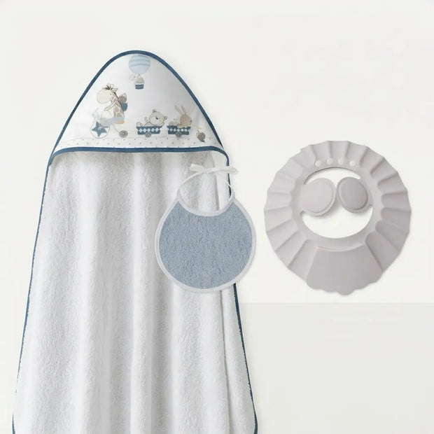 Baby Bade-Set blau mit Kapuzenhandtuch 1x1m und verstellbarem Badehut Duschschutz – weich, saugfähig und ideal ab Geburt