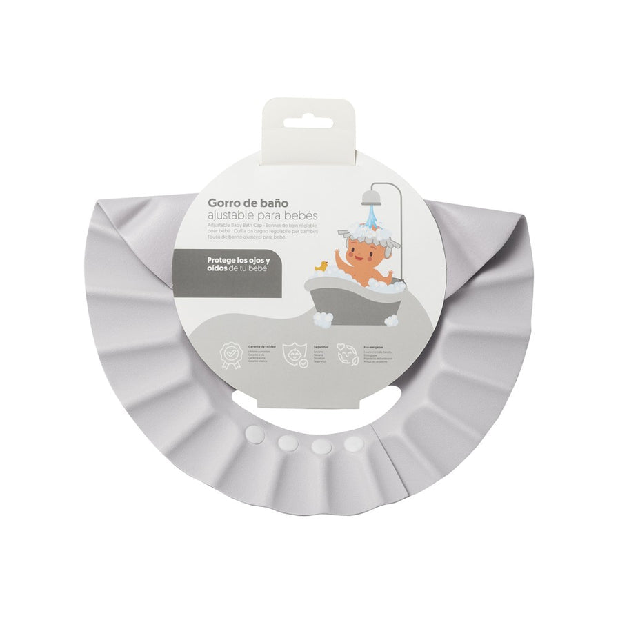 Baby Badehaube grau mit Knöpfen und Verpackung