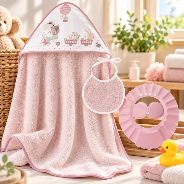 Baby Badeset in Rosa mit Kapuzenhandtuch, Lätzchen und Badehut – 3-teiliges Badeset für Babys