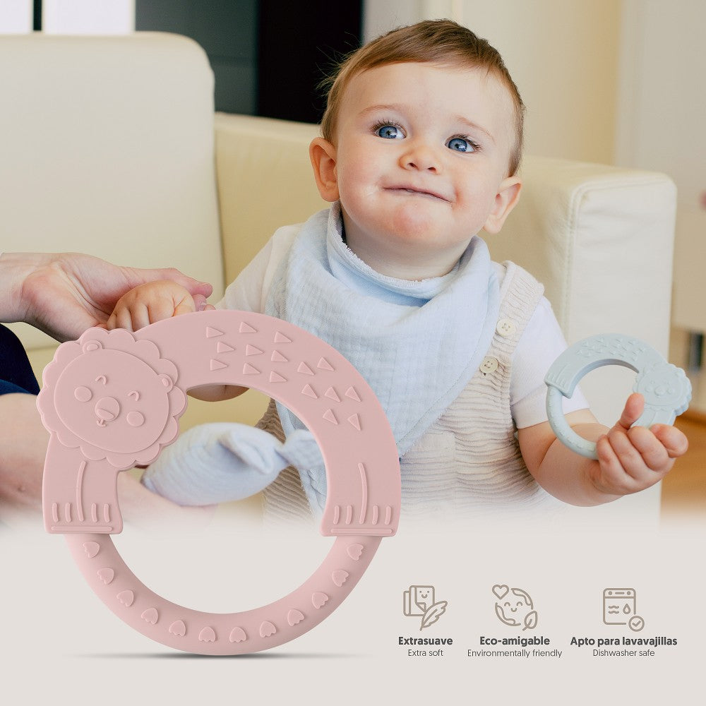 Baby mit rosa Silikon Beißring Löwe – BPA-freie Zahnungshilfe für Babys aus lebensmittelechtem Silikon