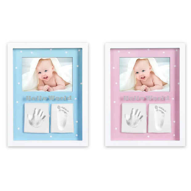 Baby Bilderrahmen mit Abdruckset für Hand- und Fußabdruck in Blau oder Rosa inklusive Bilderrahmen für Neugeborene