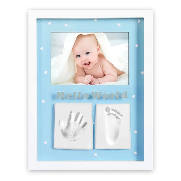 Baby Bilderrahmen mit Hand- und Fußabdruckset in Blau inklusive Bilderrahmen für Babyfoto und Gipsabdrücke