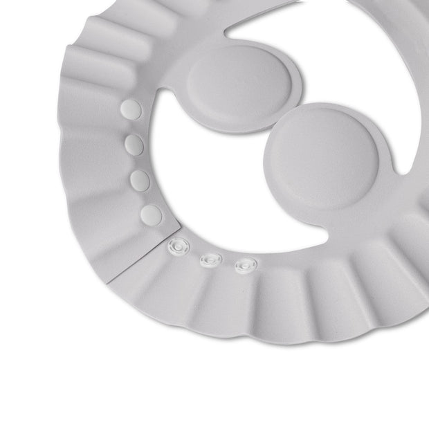 Graue Baby Duschhaube mit verstellbaren Druckknöpfen zum Schutz der Augen und Ohren beim Haarewaschen für Babys und Kinder
