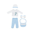 5-teiliges Baby Geschenkset in Blau mit Wickelshirt, Hose, Mütze, Lätzchen und Fäustlingen