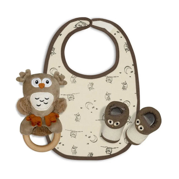 Baby Geschenkset Eule 3-teilig in Beige mit Lätzchen, Rassel und Babyschuhen
