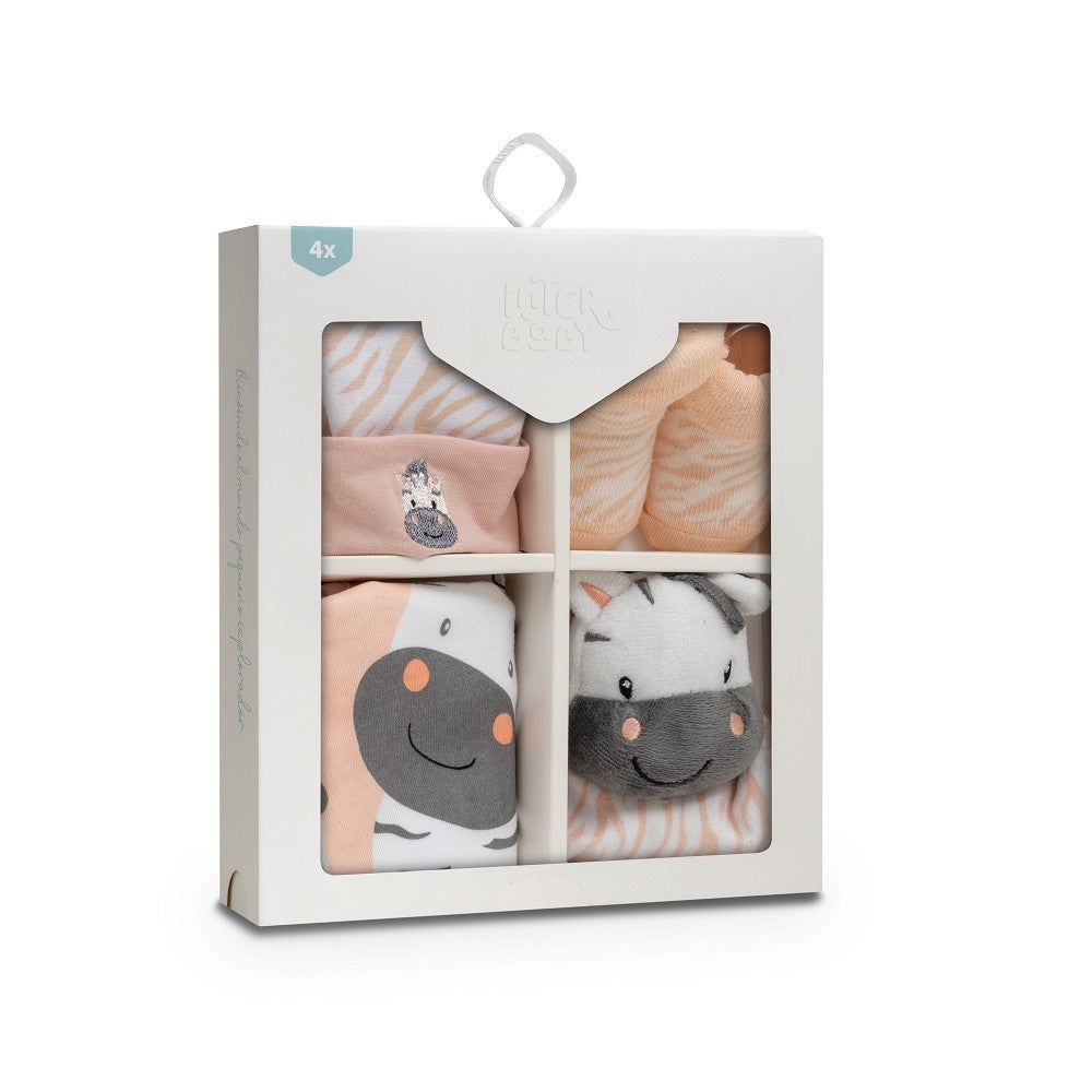 4-teiliges Baby Geschenkset für Neugeborene aus Baumwolle mit Strampler, Mütze, Schmusetuch und Socken in Geschenkbox
