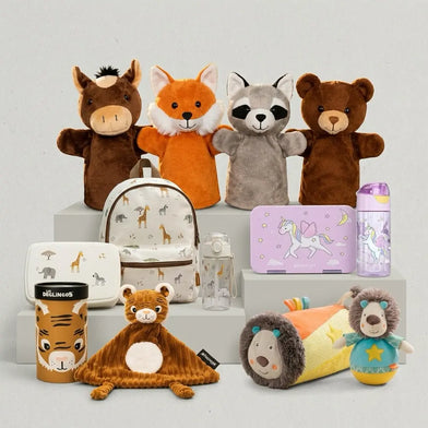 BabyLions Baby- und Kinder-Bundles mit Spielzeug, Plüschtieren, Rucksack, Brotdosen und Trinkflaschen