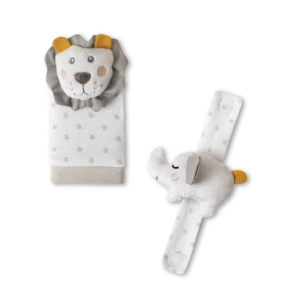 Baby Rasselarmband Set mit Löwen- und Elefantenmotiv einzeln dargestellt