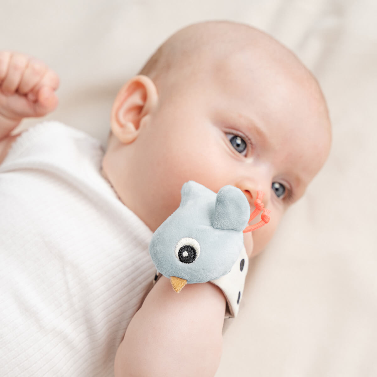 Baby trägt Rasselarmband mit Vogelmotiv am Handgelenk
