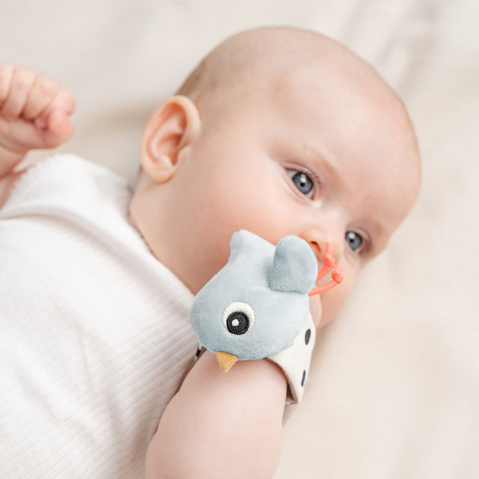 Baby trägt Rasselarmband mit Vogelmotiv am Handgelenk
