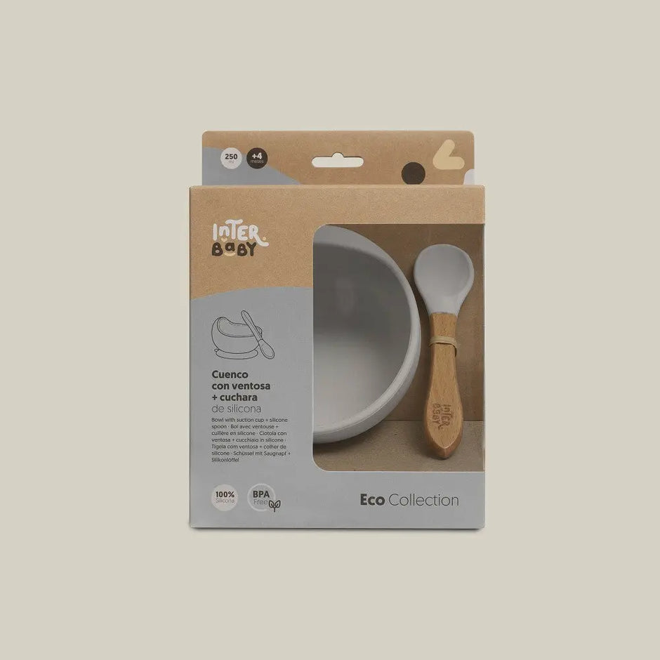 Graue Baby Schüssel mit Saugnapf und Löffel in Originalverpackung