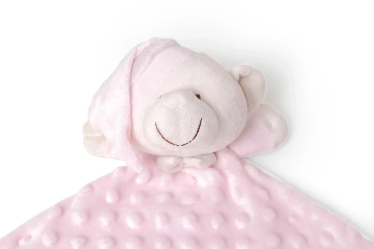 Rosa Baby Schmusetuch mit Teddybär – Detailansicht des weichen Kuscheltuchs